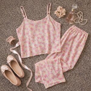 Vintage Josie by Natori Sheer Pink Floral Cami & Pants Set | Y2K Coquette | M